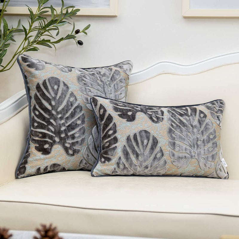 Alerfa 20 x 20 Inch Square Leaf Pillow Embroidery Cut Velvet Cushion Case Luxury Modern Lumbar Throw Pillow Cover Decorative Pillow for Couch Sofa Living Room Bedroom Car, Gray Silver - Image 4